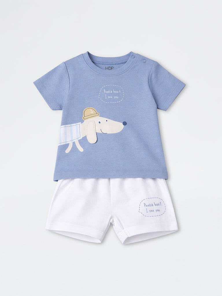 2-Piece HOP Baby Boys Dusty Blue Animal Printed Cotton Set
