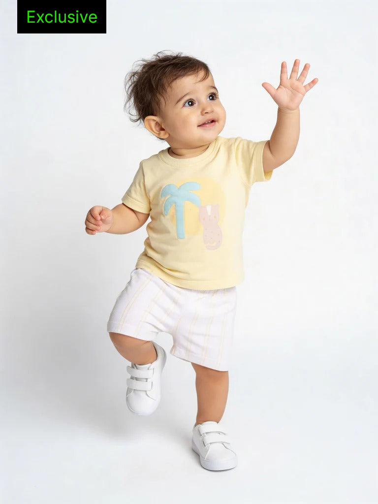 HOP Baby Boys Yellow Printed Cotton T-Shirt and Shorts Set - Exclusive