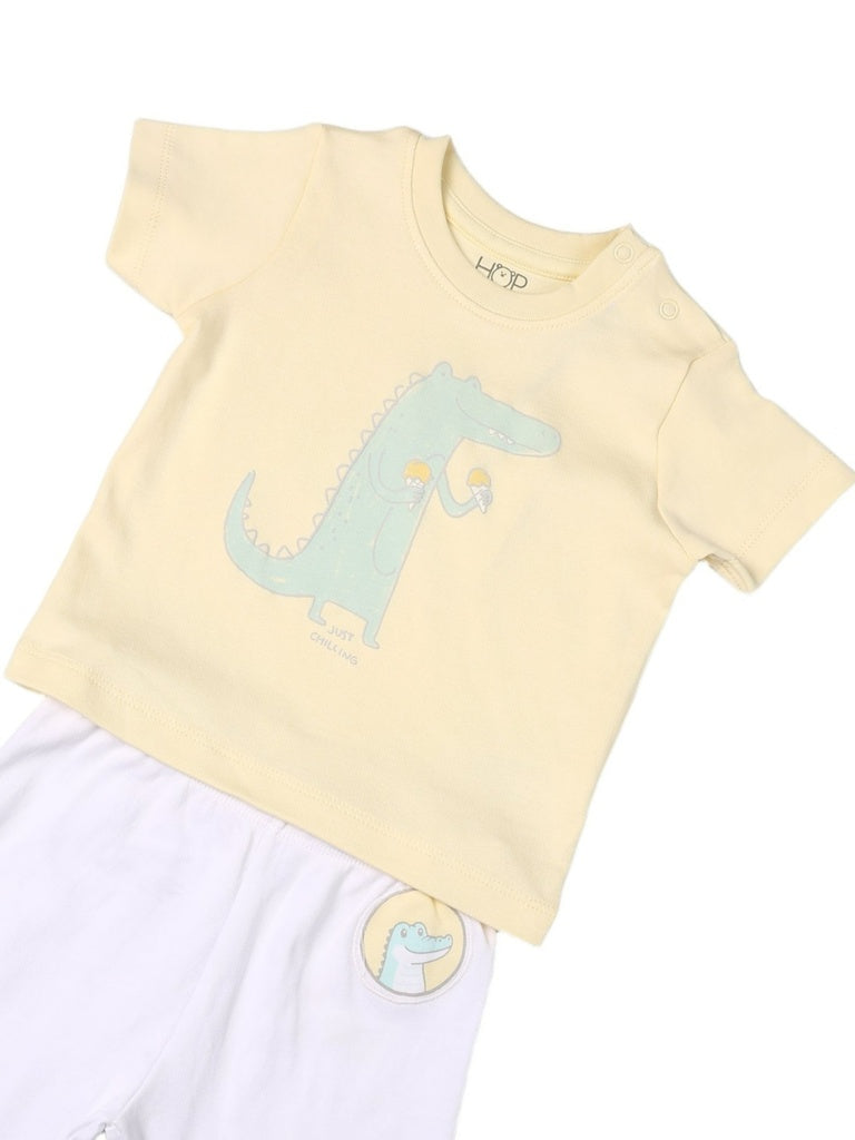 HOP Baby Boys Yellow Printed Cotton T-Shirt and Pants Set - Exclusive