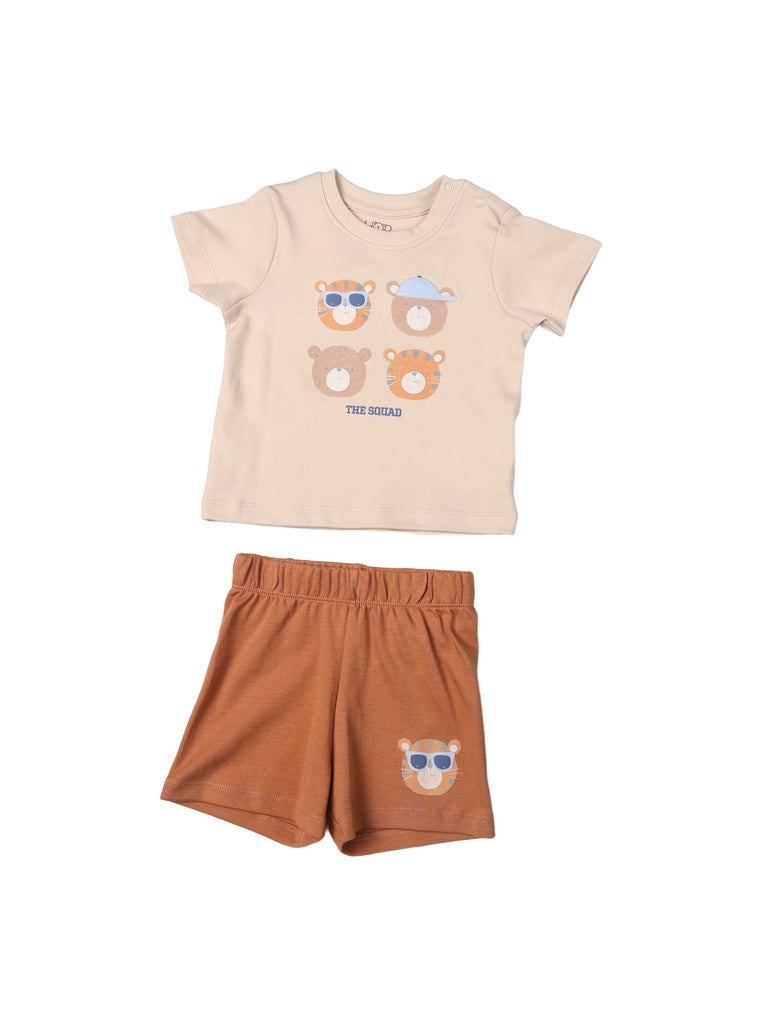 HOP Baby Boys Beige Printed Cotton T-Shirt and Shorts Set - Exclusive