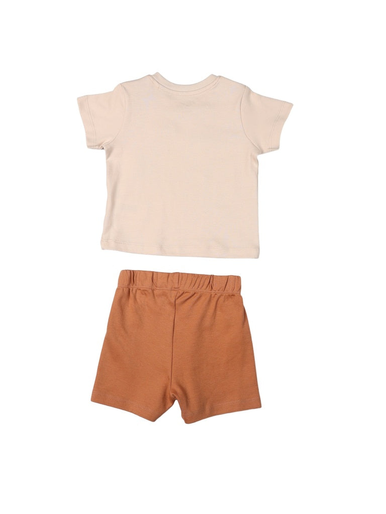 HOP Baby Boys Beige Printed Cotton T-Shirt and Shorts Set - Exclusive