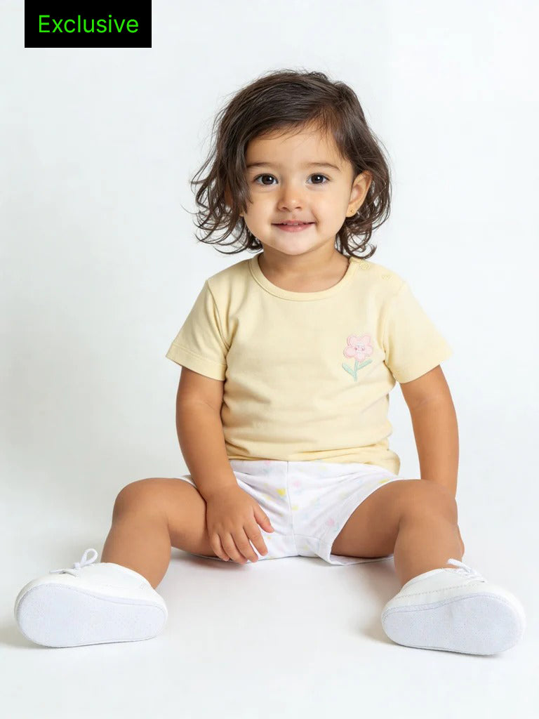 HOP Baby Girls Yellow Cotton T-Shirt and Shorts Set - Exclusive