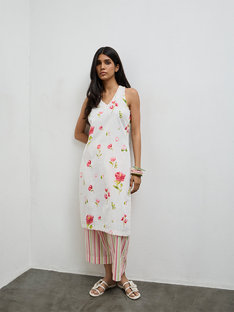 Utsa White Floral Printed Cotton-Blend A-Line Kurta