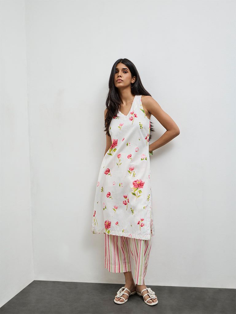 Utsa White Floral Printed Cotton-Blend A-Line Kurta