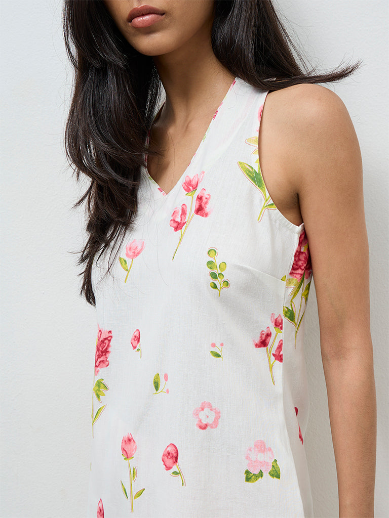 Utsa White Floral Printed Cotton-Blend A-Line Kurta