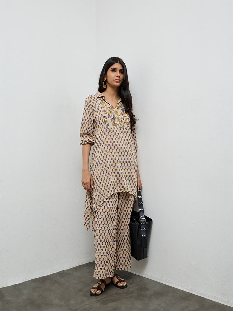 Utsa Light Beige Floral Printed Cotton Palazzos