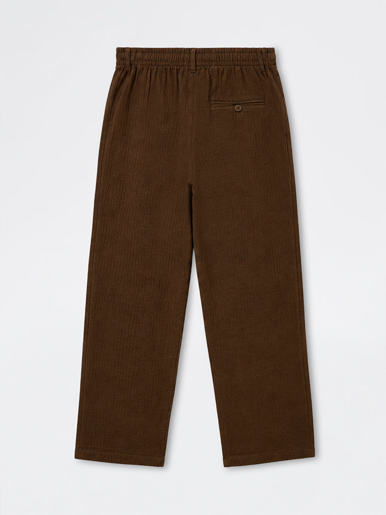 ETA Brown Textured Relaxed-Fit Mid-Rise Cotton Pants