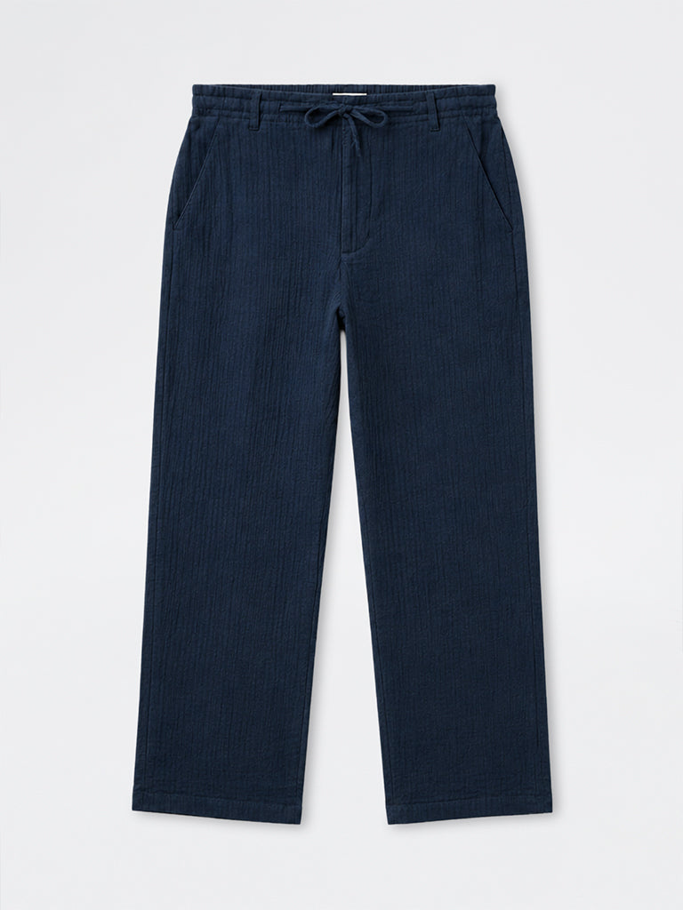 ETA Dark Blue Self-Striped Relaxed-Fit Mid-Rise Cotton Pants