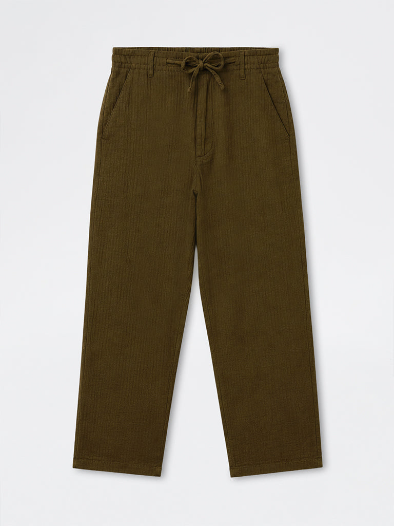 ETA Dark Olive Textured Relaxed-Fit Mid-Rise Cotton Pants