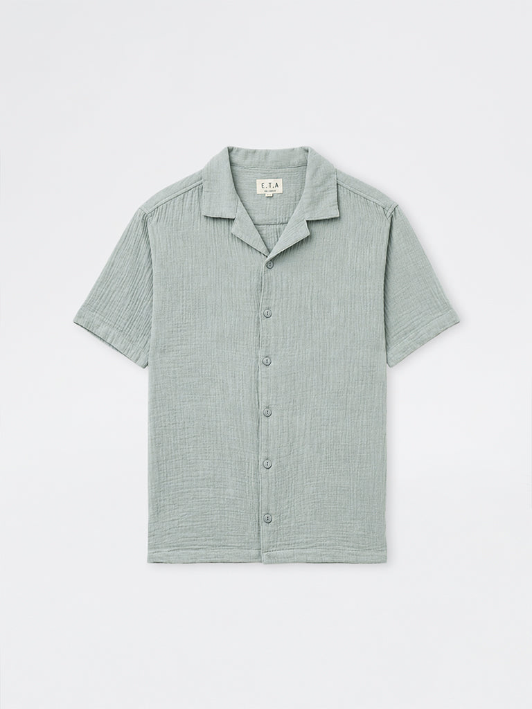 ETA Teal Crinkle-Textured Relaxed-Fit Cotton Shirt