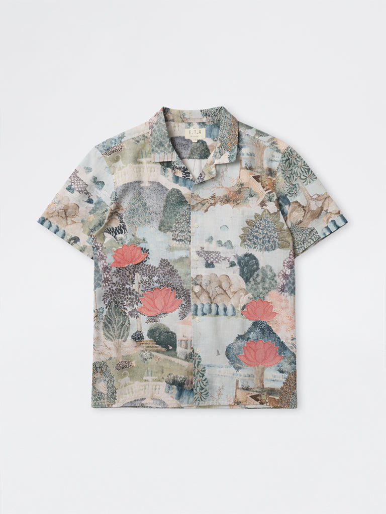ETA Light Teal Scenic Printed Relaxed-Fit Cotton Shirt