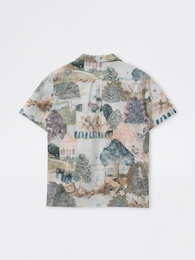 ETA Light Teal Scenic Printed Relaxed-Fit Cotton Shirt