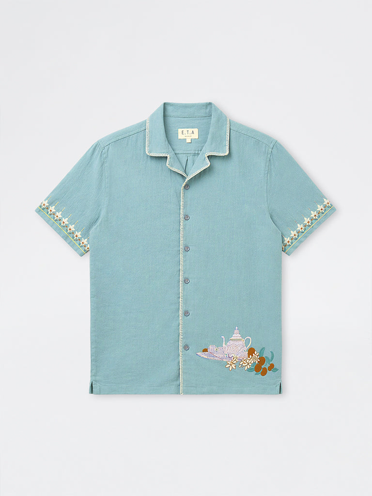 ETA Light Teal Embroidered Relaxed-Fit Cotton Shirt