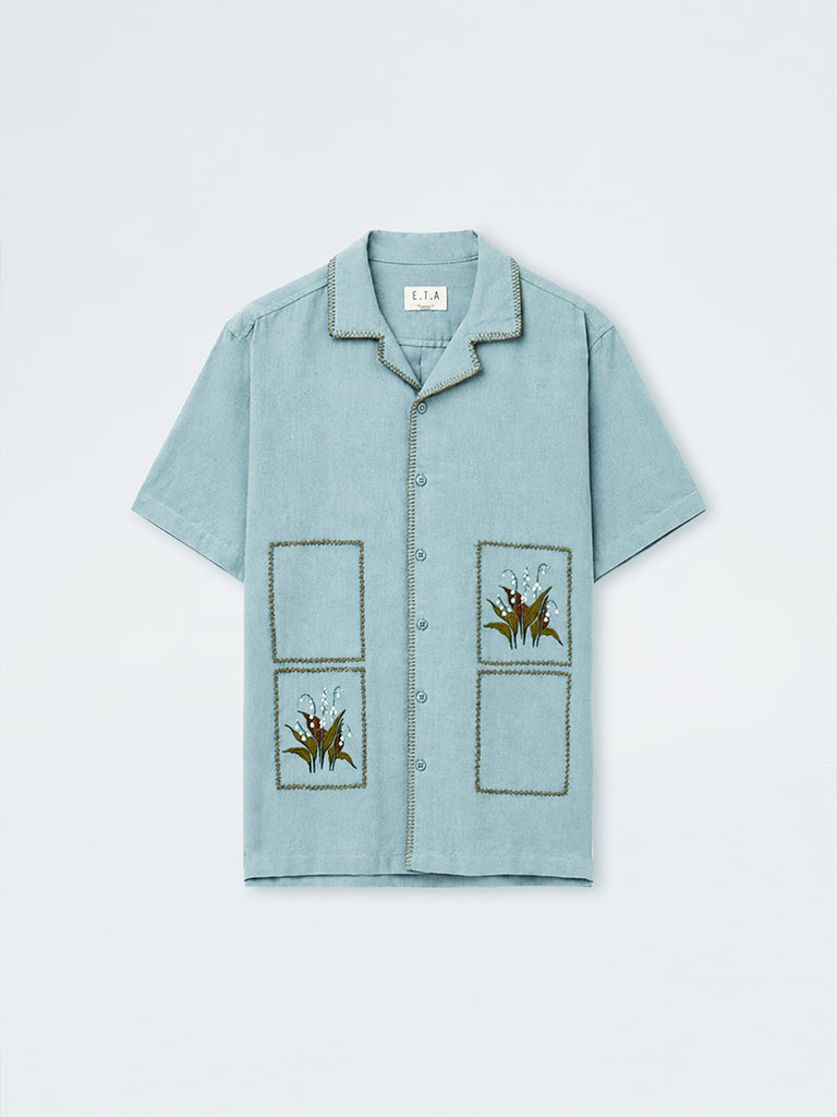 ETA Light Teal Botanical Printed Relaxed-Fit Cotton-Blend Shirt