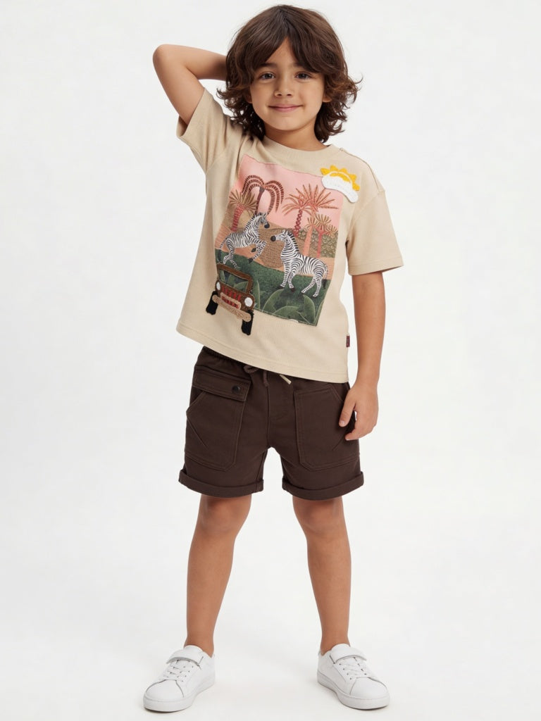 HOP Kids Boys Dark Brown Mid-Rise Cotton-Blend Shorts