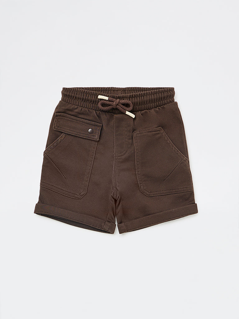 HOP Kids Boys Dark Brown Mid-Rise Cotton-Blend Shorts