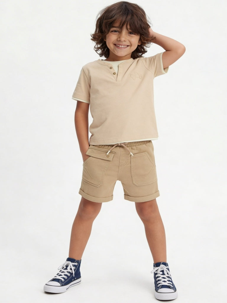HOP Kids Boys Light Taupe Mid-Rise Cotton-Blend Shorts