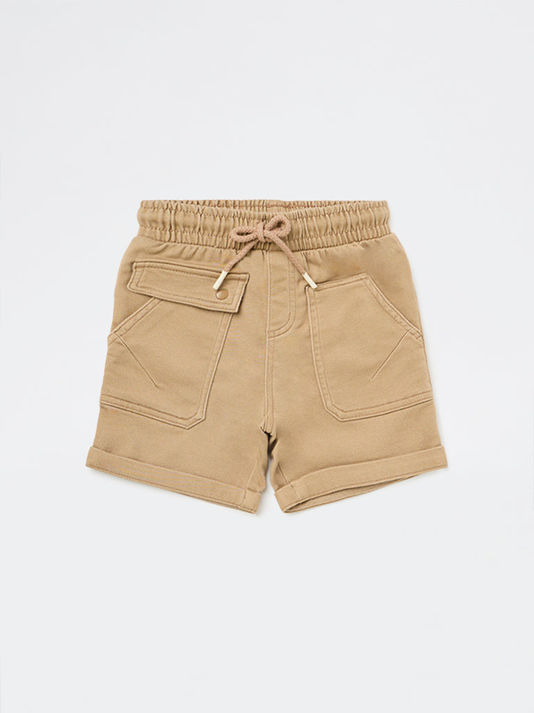 HOP Kids Boys Light Taupe Mid-Rise Cotton-Blend Shorts