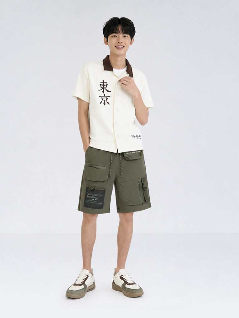 Boys Sage Text-Detailed Mid-Rise Shorts