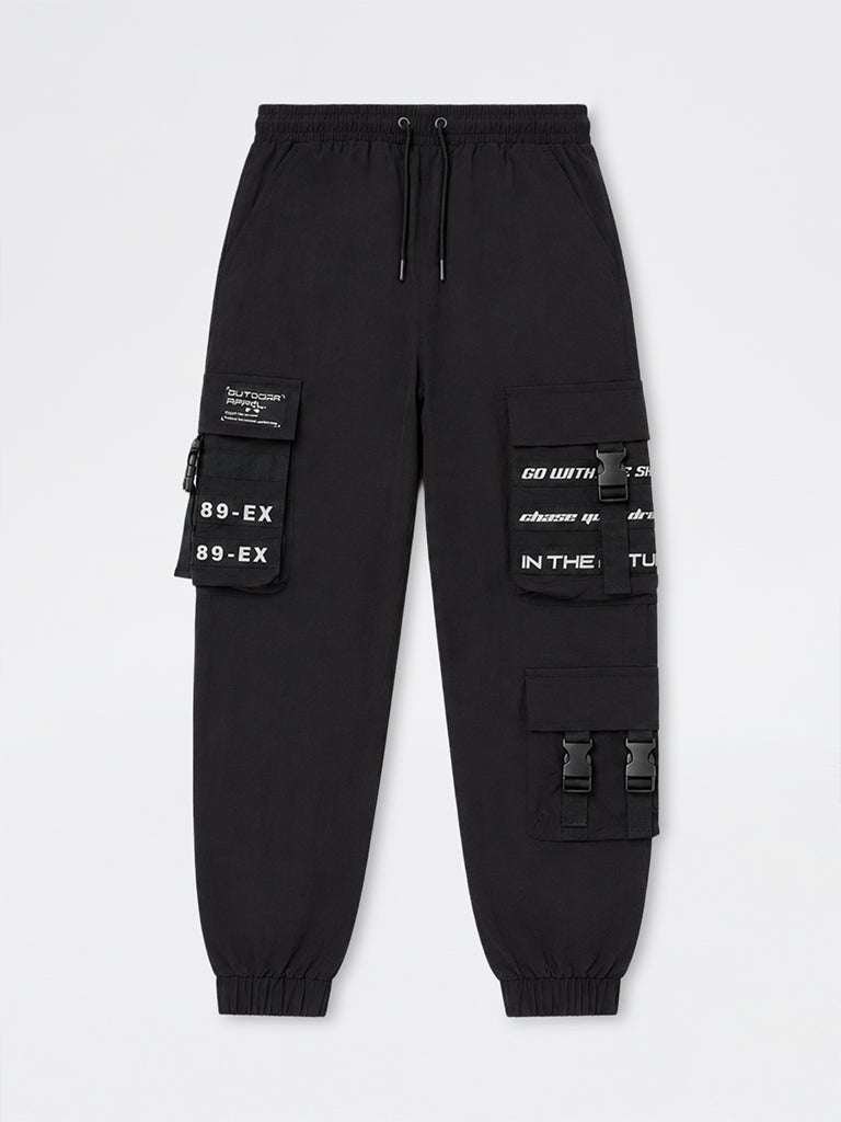 Boys Black Text-Detail Cargo-Style Joggers