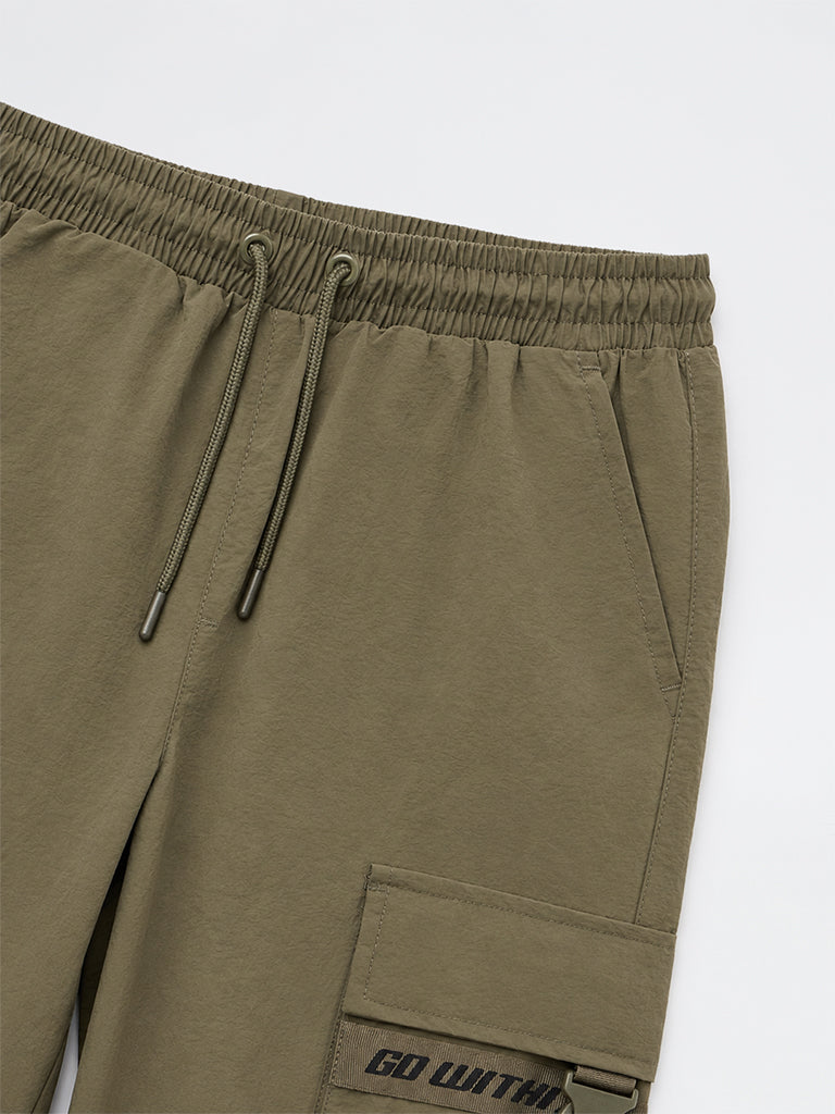 Boys Dark Olive Text-Detail Mid-Rise Cargo-Style Joggers