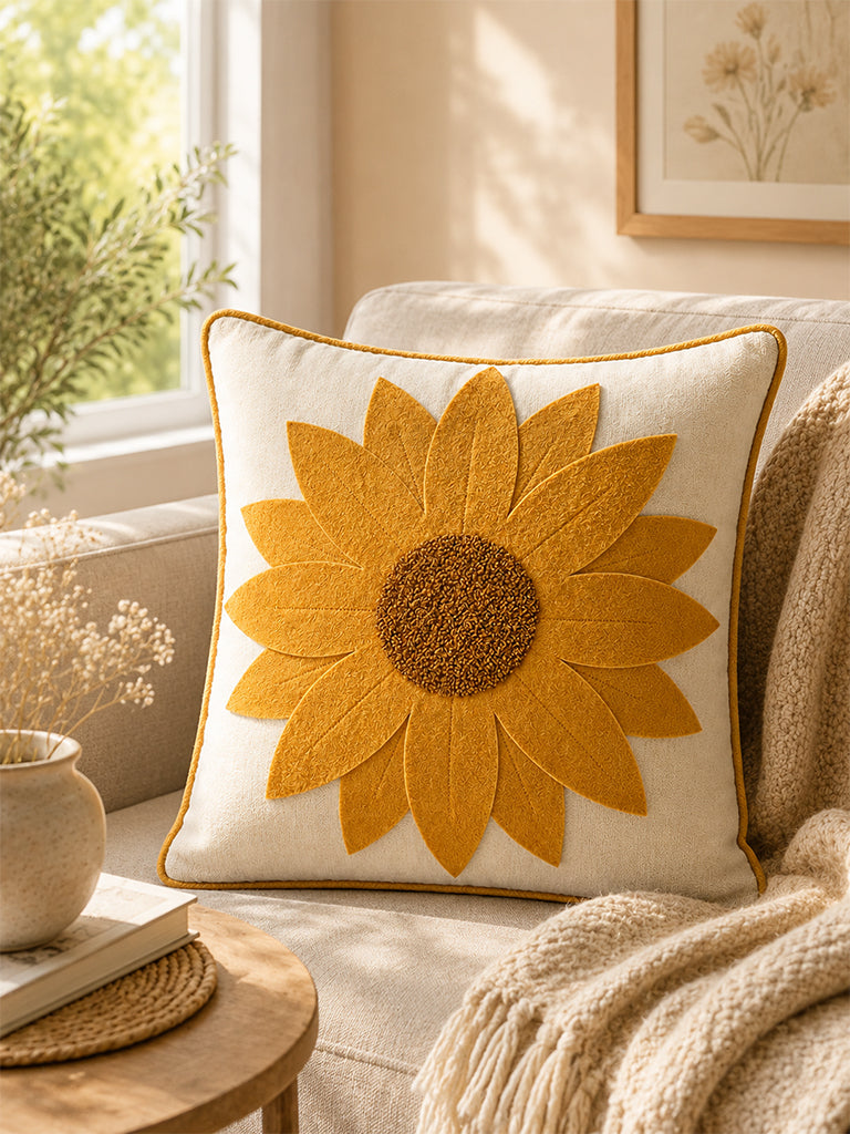 Westside Home Yellow Sunflower Applique Cushion Cover