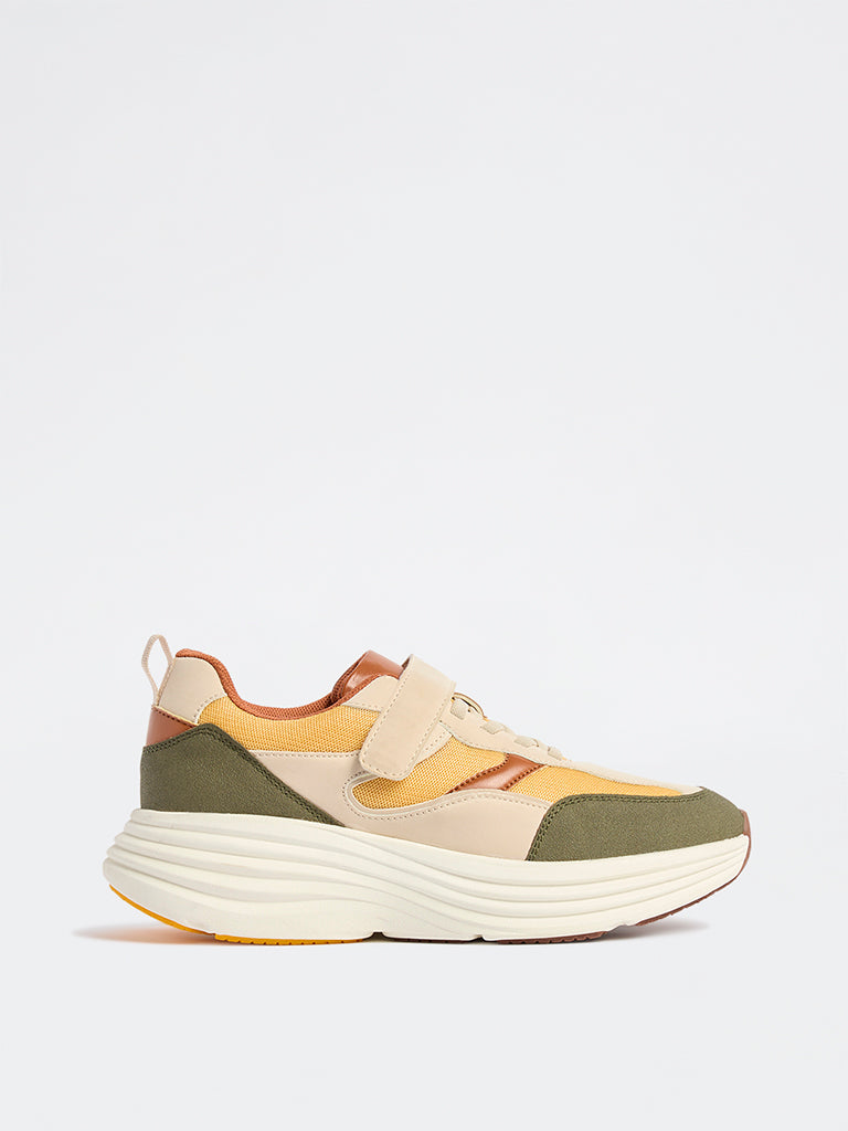 Yellow Colour-Block Lace-Up Sneakers