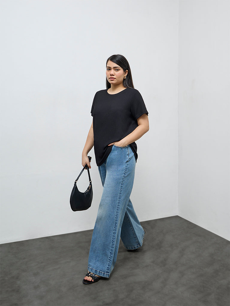 Gia Black Ribbed-Textured T-Shirt