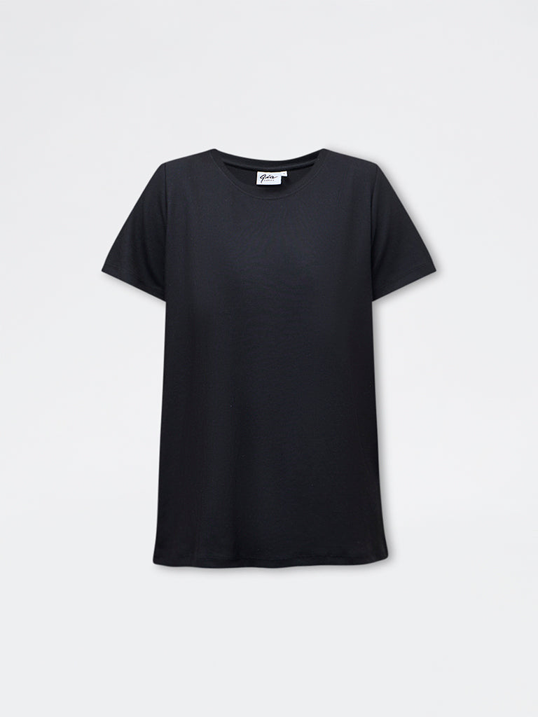 Gia Black Ribbed-Textured T-Shirt