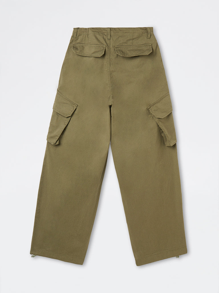 Nuon Olive Barrel-Fit High-Rise Cotton-Blend Trousers