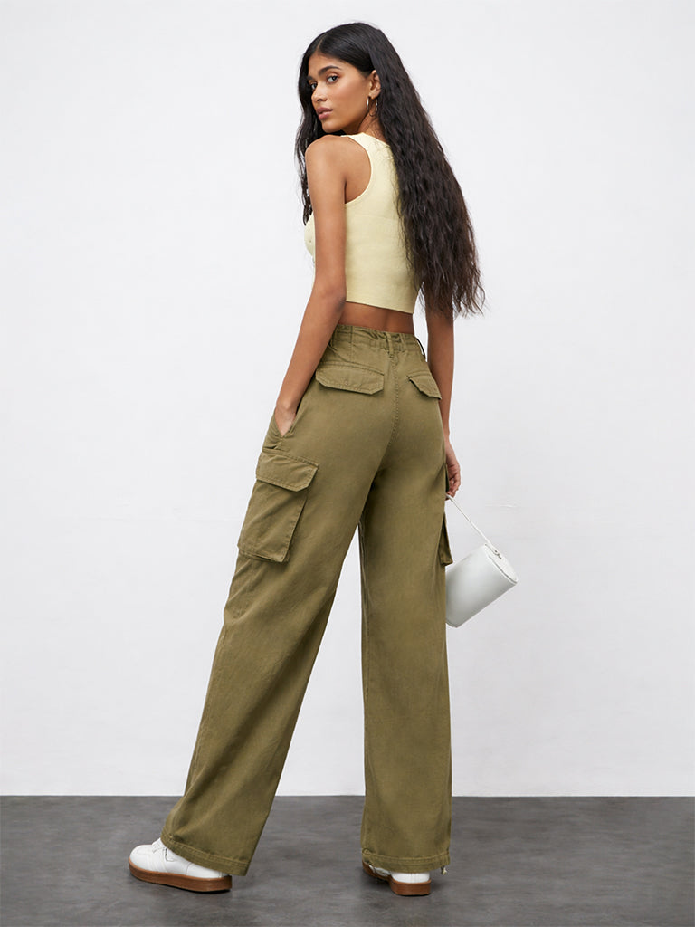 Nuon Olive Barrel-Fit High-Rise Cotton-Blend Trousers
