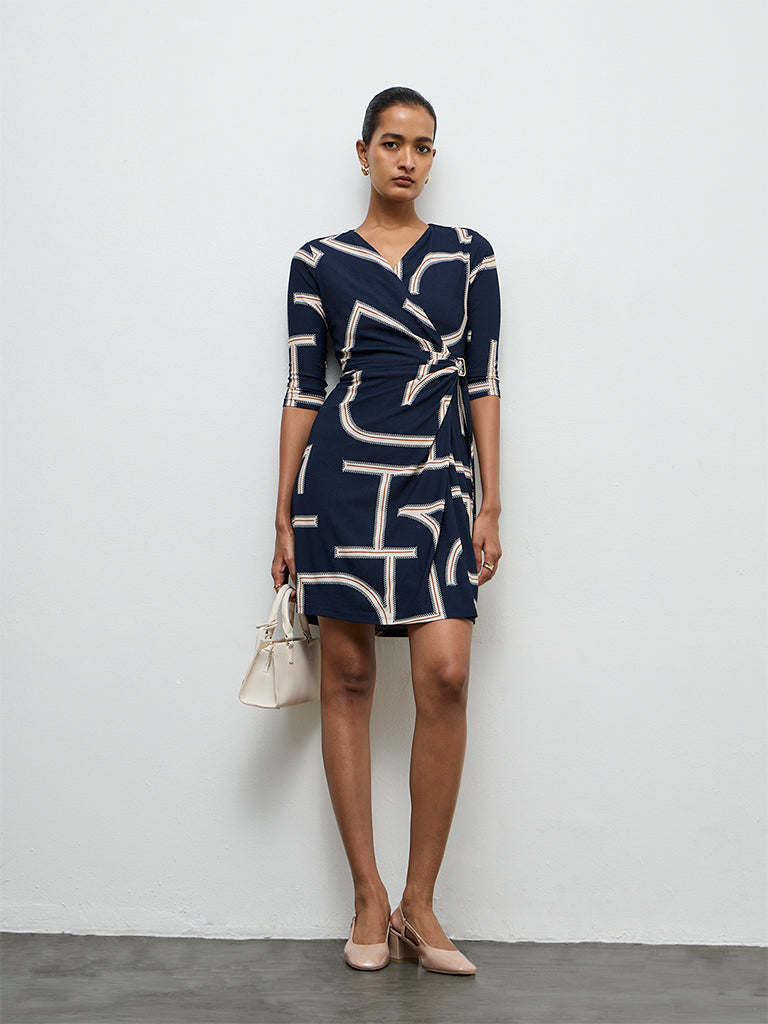 Wardrobe Navy Printed Wrap-Style Dress
