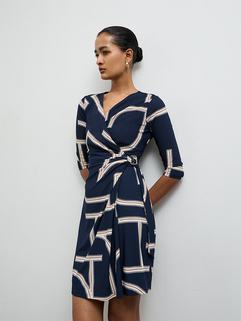Wardrobe Navy Printed Wrap-Style Dress