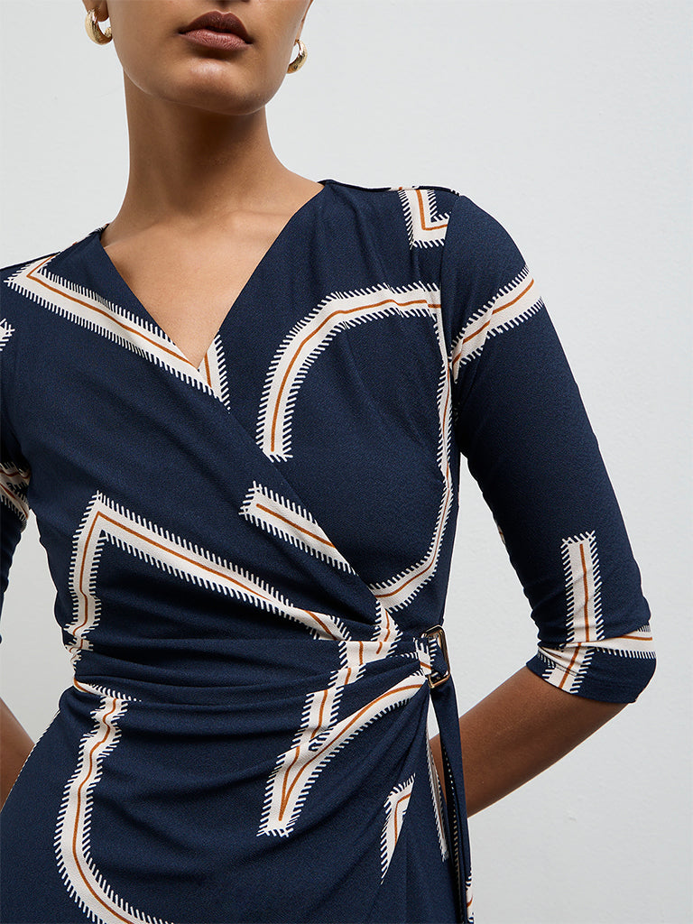 Wardrobe Navy Printed Wrap-Style Dress