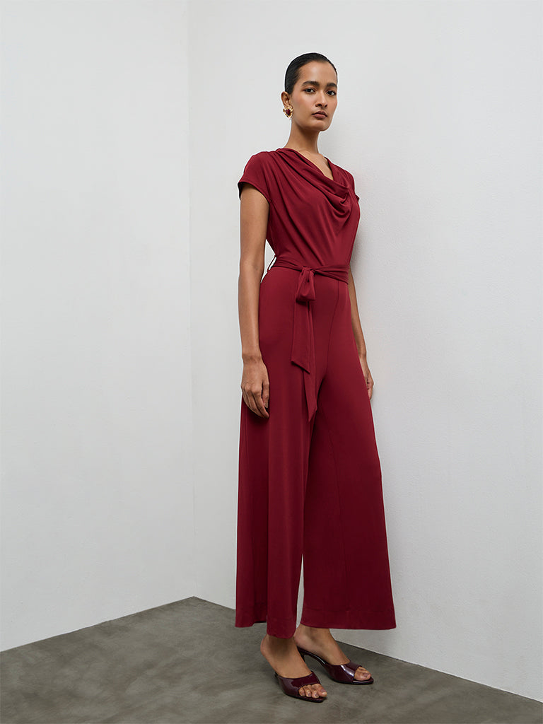 Wardrobe Maroon Cowl Neckline Jumpsuit