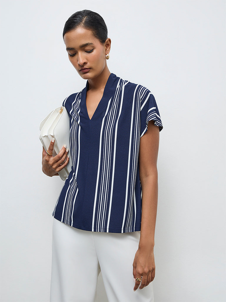 Wardrobe Navy Stripe Printed Blouse