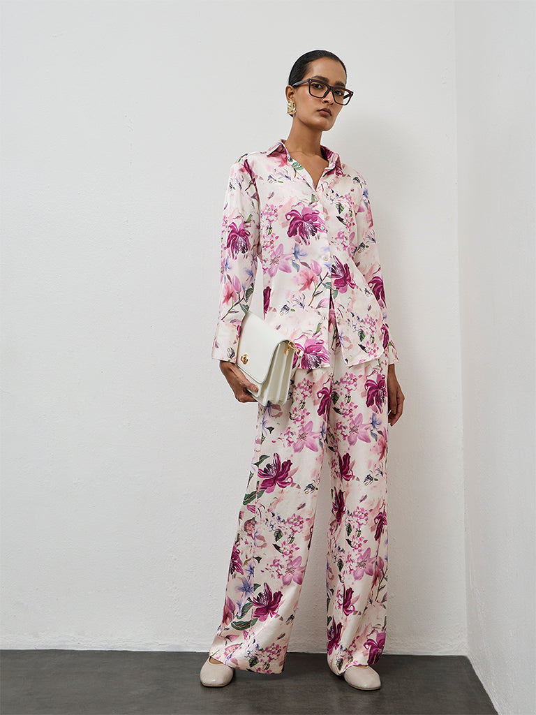 Wardrobe Pink Floral Design High-Rise Trousers