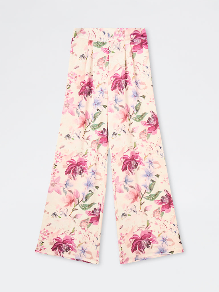 Wardrobe Pink Floral Design High-Rise Trousers