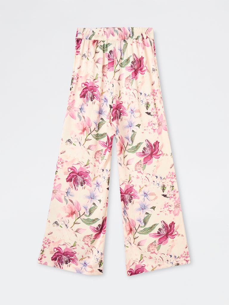 Wardrobe Pink Floral Design High-Rise Trousers