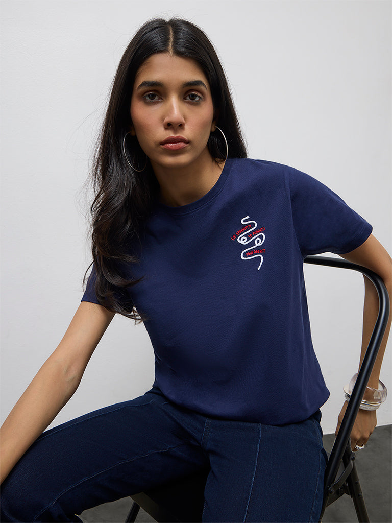 LOV Navy Graphic Design Cotton T-Shirt