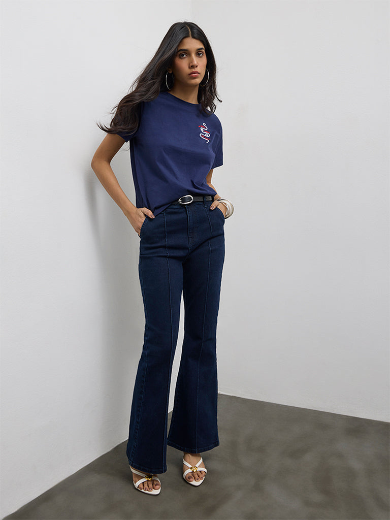 LOV Navy Graphic Design Cotton T-Shirt