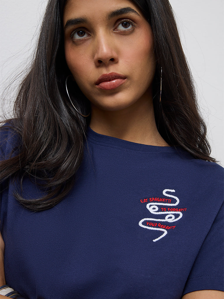 LOV Navy Graphic Design Cotton T-Shirt
