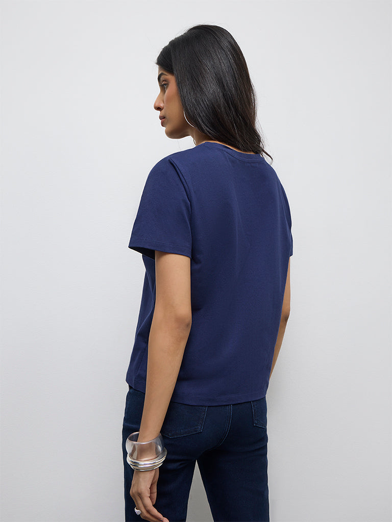 LOV Navy Graphic Design Cotton T-Shirt