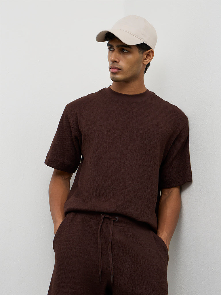 Nuoflexx Dark Brown Textured Relaxed-Fit Cotton-Blend T-Shirt