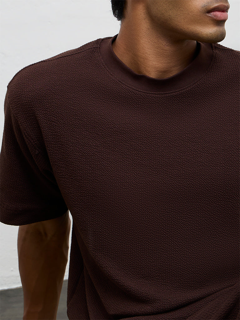 Nuoflexx Dark Brown Textured Relaxed-Fit Cotton-Blend T-Shirt