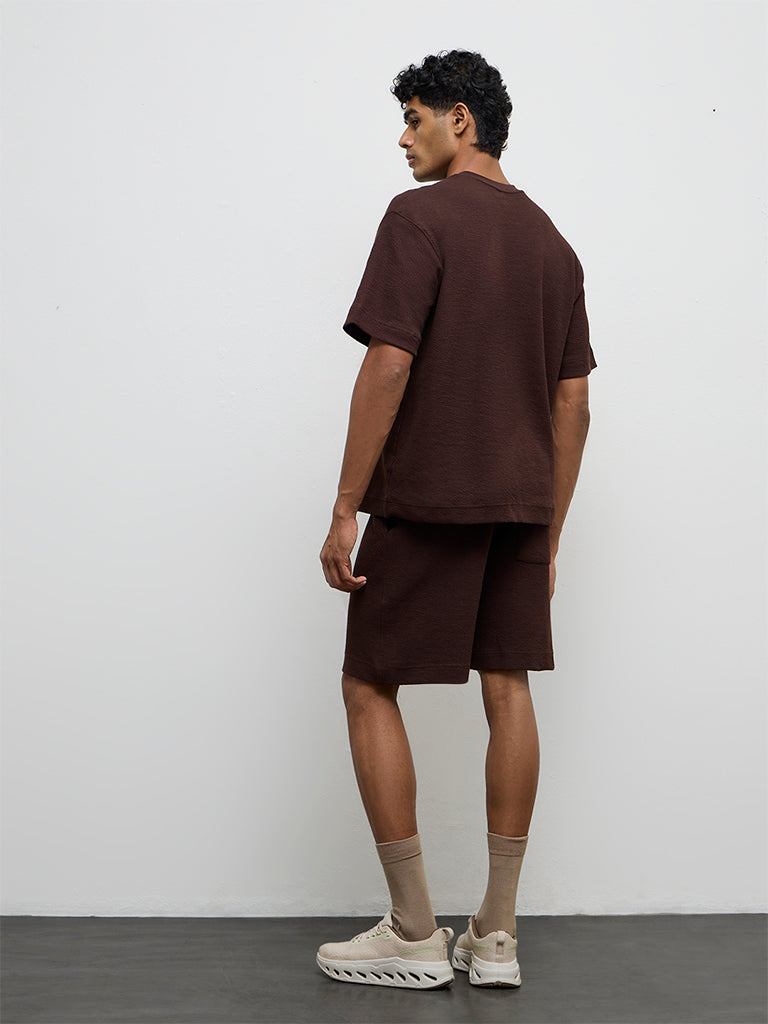 Nuoflexx Dark Brown Textured Relaxed-Fit Cotton-Blend T-Shirt