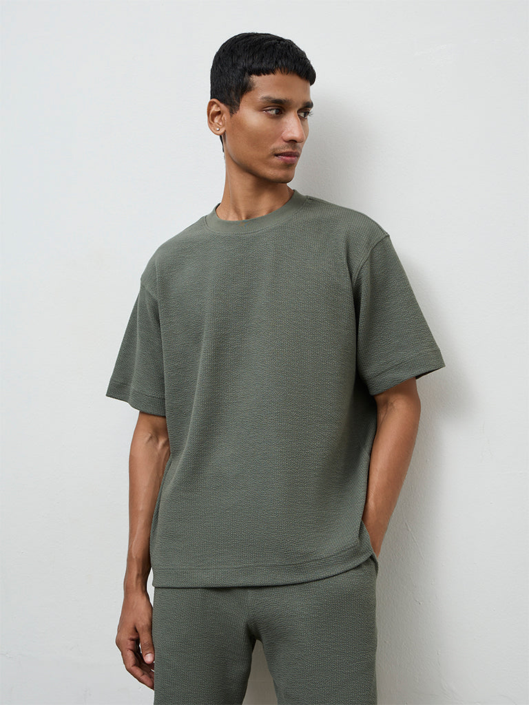 Nuoflexx Dark Sage Textured Relaxed-Fit Cotton-Blend T-Shirt
