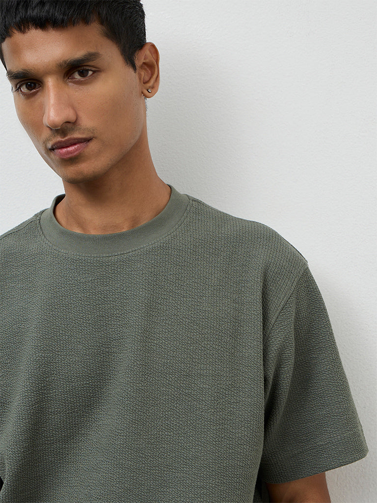 Nuoflexx Dark Sage Textured Relaxed-Fit Cotton-Blend T-Shirt