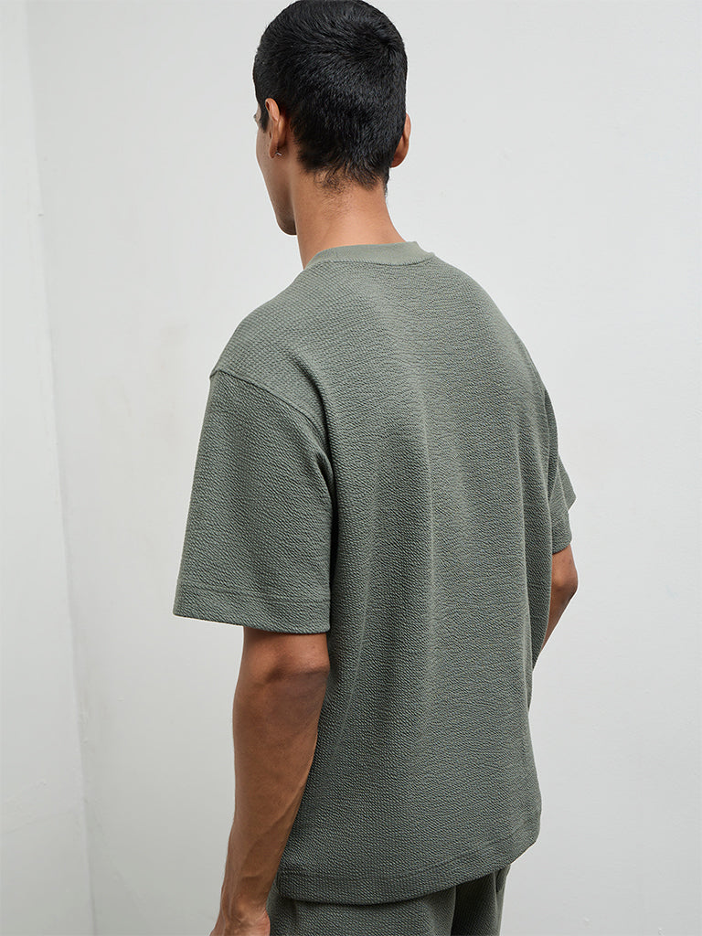 Nuoflexx Dark Sage Textured Relaxed-Fit Cotton-Blend T-Shirt