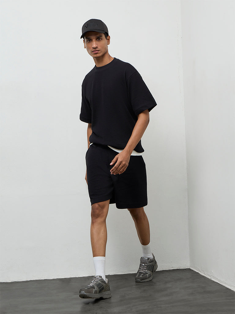 Nuoflexx Black Textured Relaxed-Fit Cotton-Blend T-Shirt